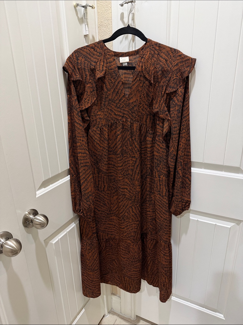 a new day Brown Patterned Ruffle Long-Sleeve Midi Dress